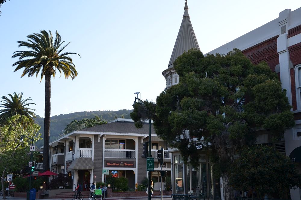 The Main Street and Santa Cruz Avenue intersection in downtown Los Gatos, two-storey shopfronts and street trees under hills.