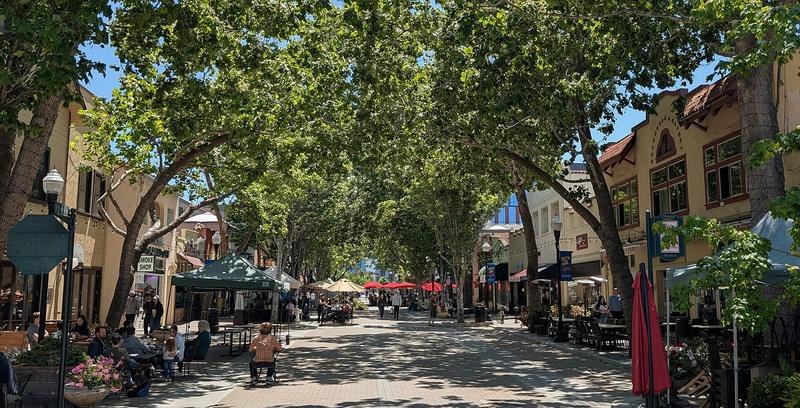 Historic Murphy Avenue in downtown Sunnyvale, a low street of shopfronts with awnings and street trees.