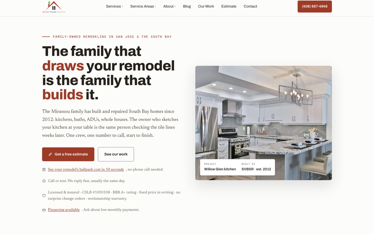 Homepage of siliconvalleybuilding.com, showing the headline 'The family that draws your remodel is the family that builds it' beside a photo of a finished Willow Glen kitchen.